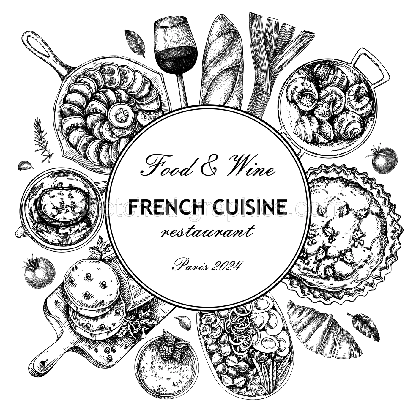 French food wreath design. Vintage food and wine sketches. European restaurant menu template. France background. Hand-drawn vector illustration, NOT AI generated Illustration